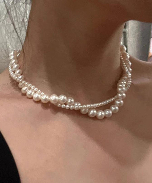 Necklace Elegant Bead Gratuated Double-Layer Pearl Alloy White