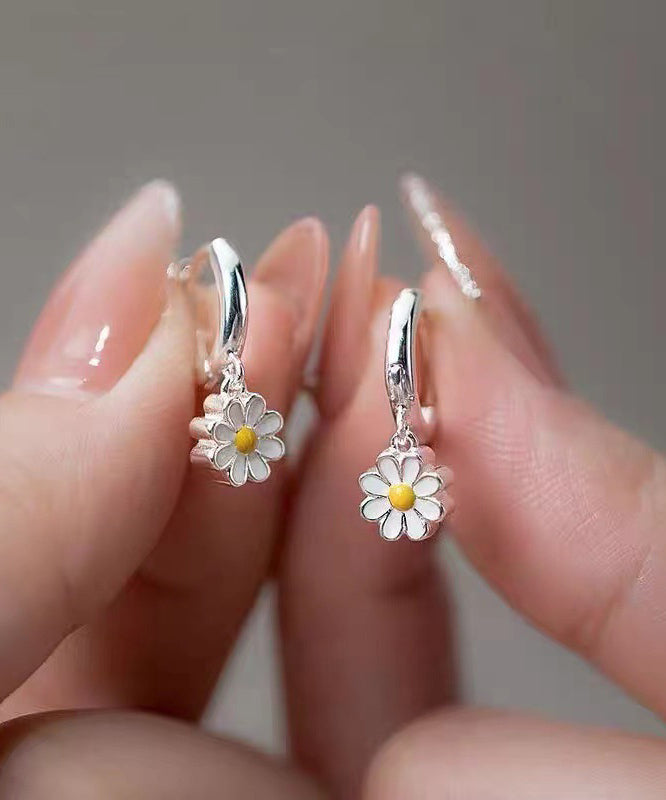 Chrysanthemum Hoop Earrings Elegant Silver Sterling White