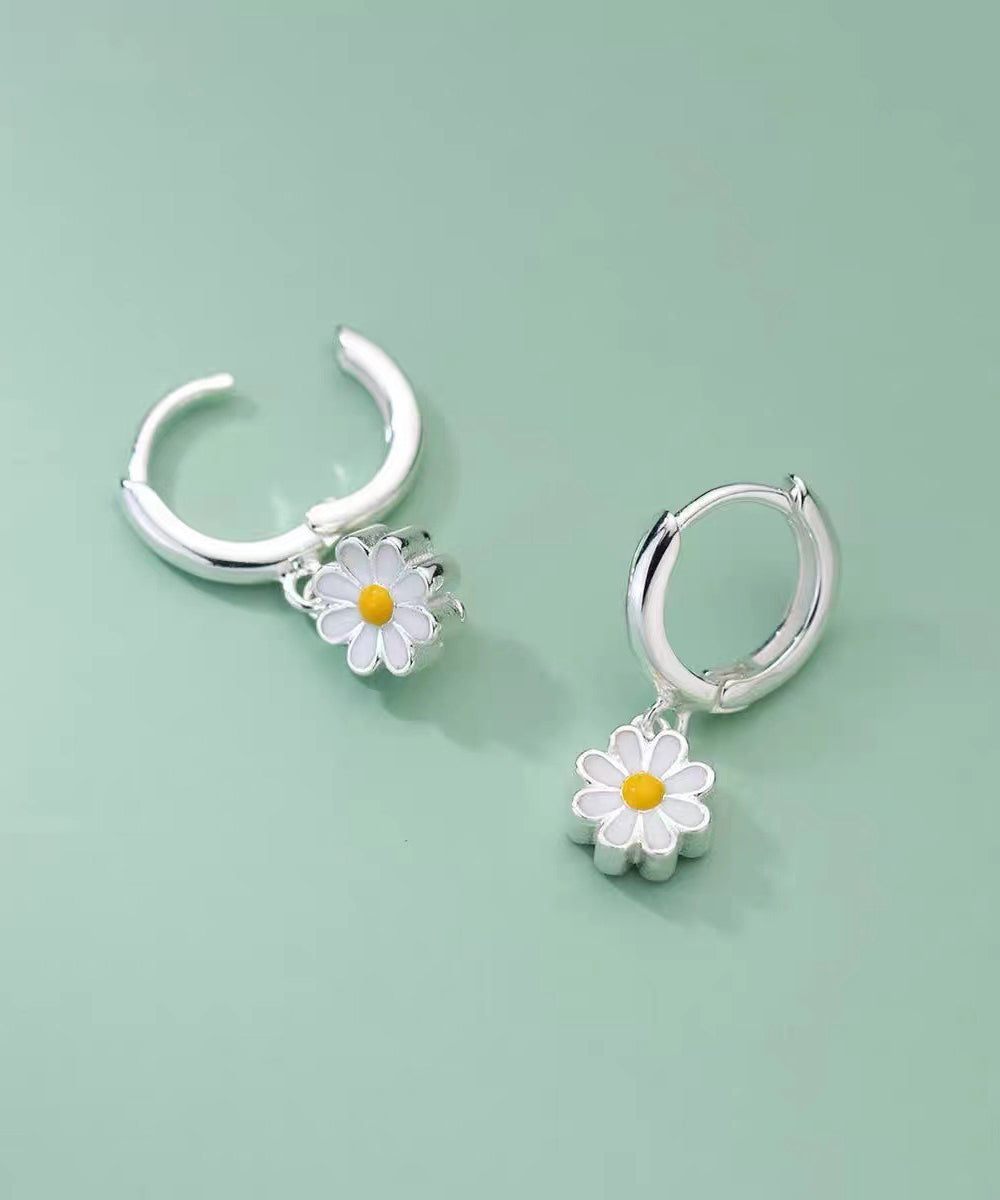 Chrysanthemum Hoop Earrings Elegant Silver Sterling White