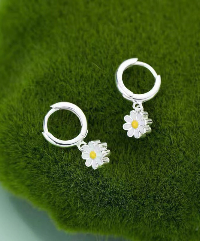 Chrysanthemum Hoop Earrings Elegant Silver Sterling White