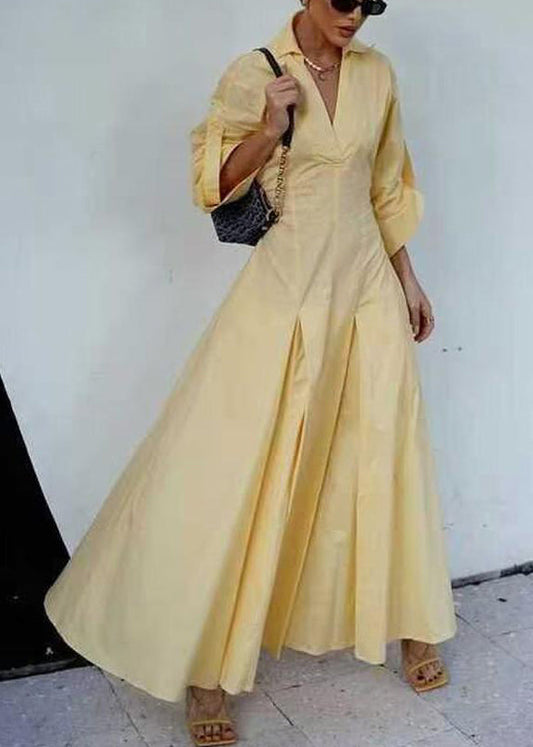 Elegant Dress V Cotton Half Solid Neck Zippered Shirts Yellow