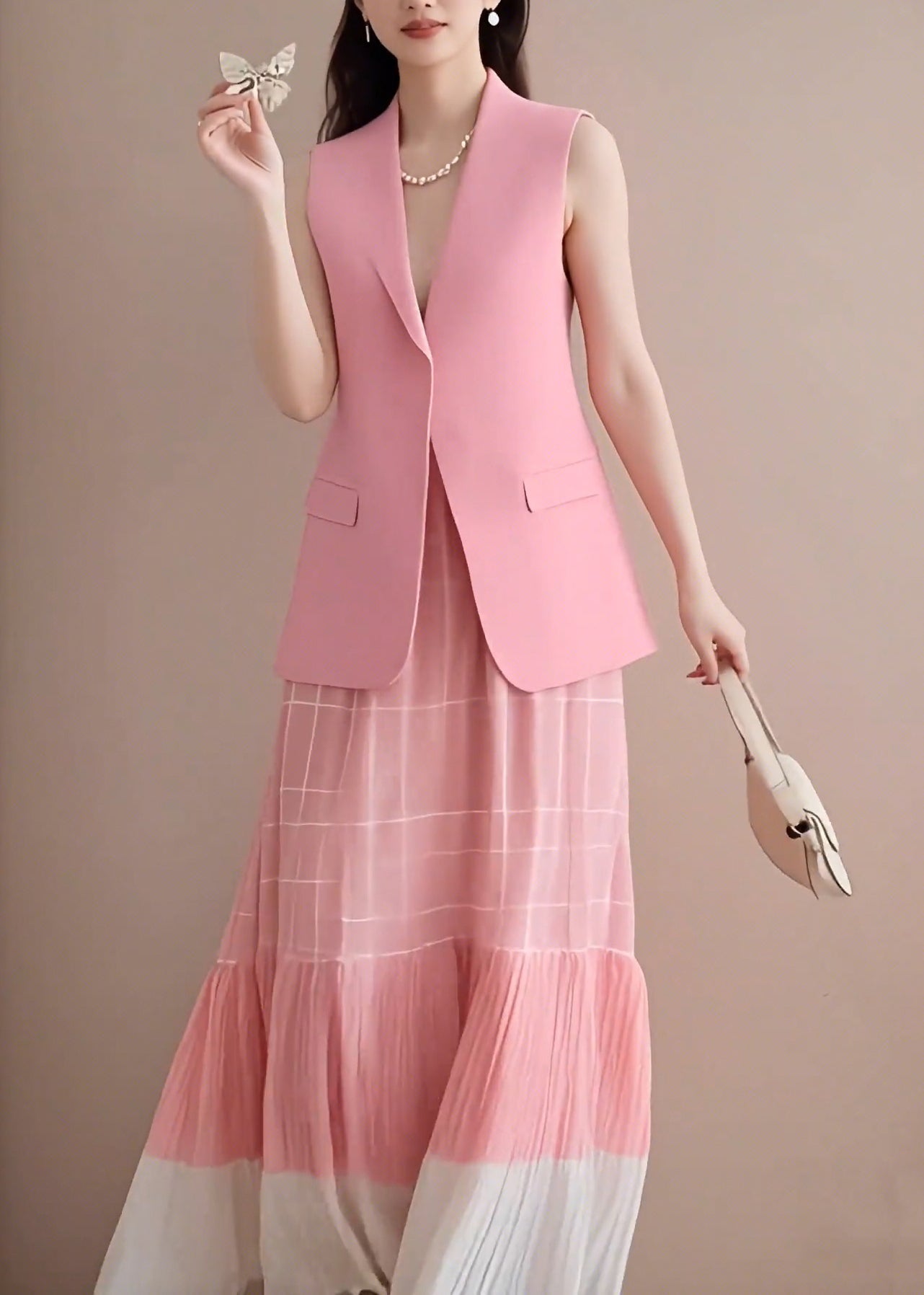 Waistcoat Fashion Pieces Two Neck Wrinkled Pink V Set Skirts And