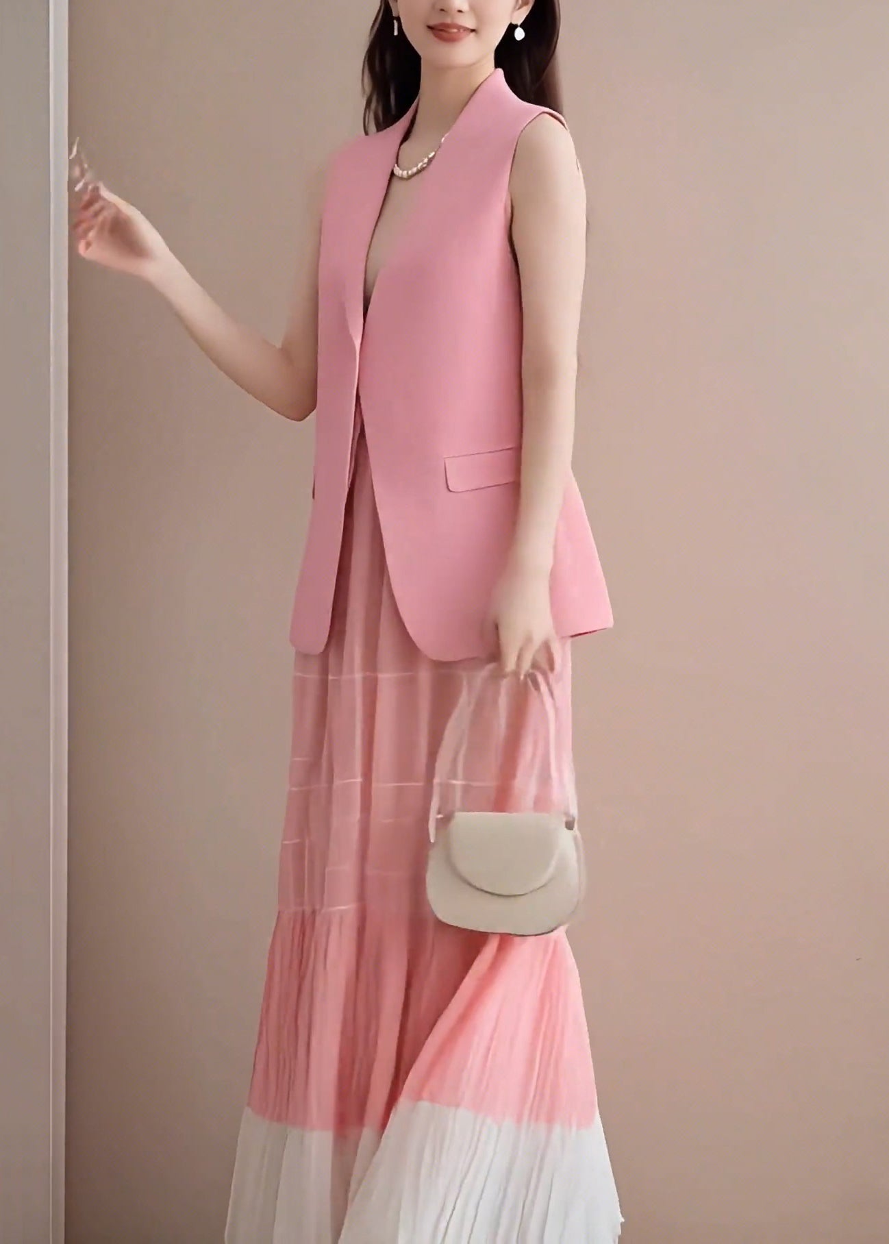 Waistcoat Fashion Pieces Two Neck Wrinkled Pink V Set Skirts And