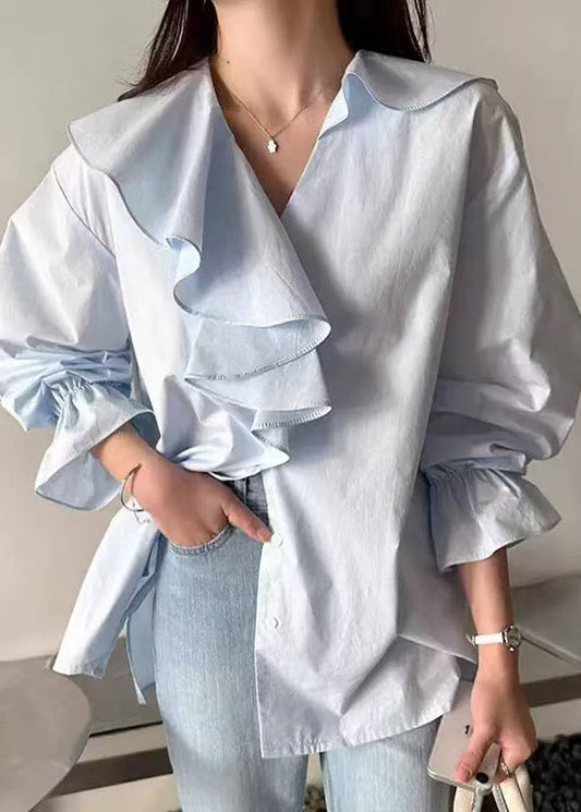 Fashion Shirt Sky Fall Asymmetrical Blue Ruffles Cotton