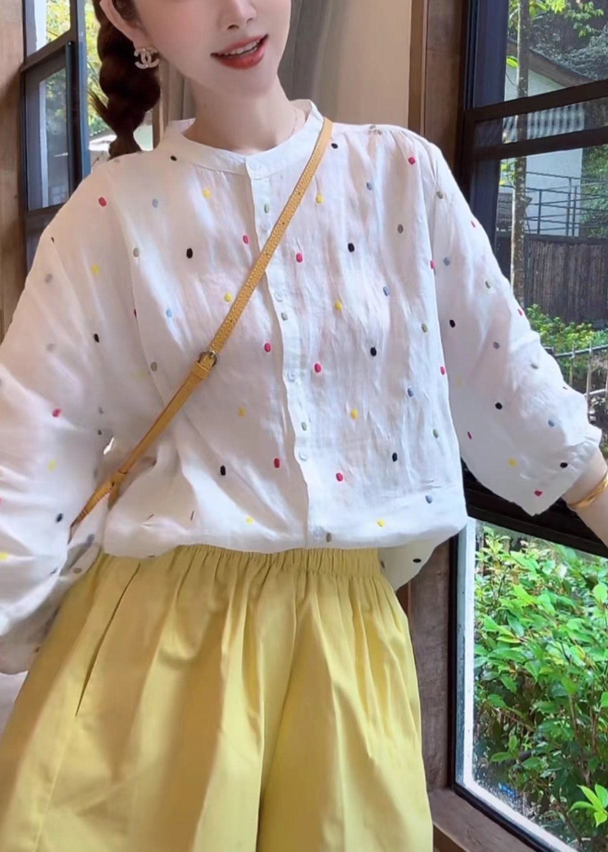 Sleeve Collar White Bracelet Fashion Print Cotton Stand Shirt