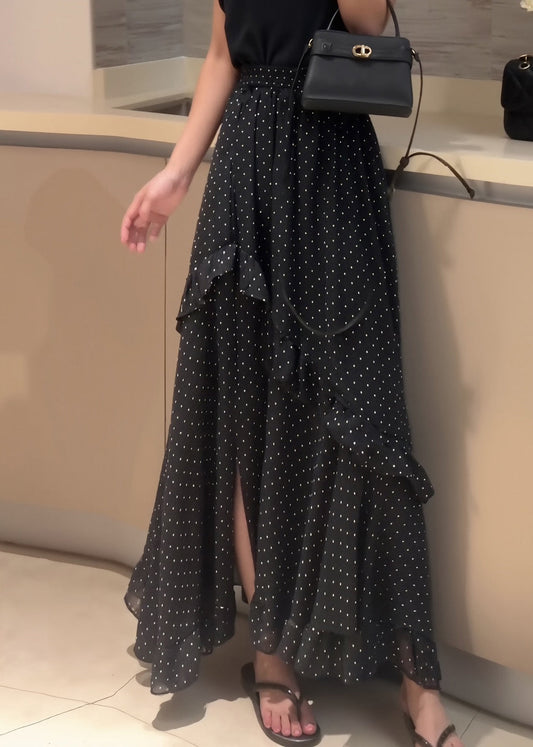 Patchwork Dot Summer Fine Chiffon Skirt Ruffled Open Side Black