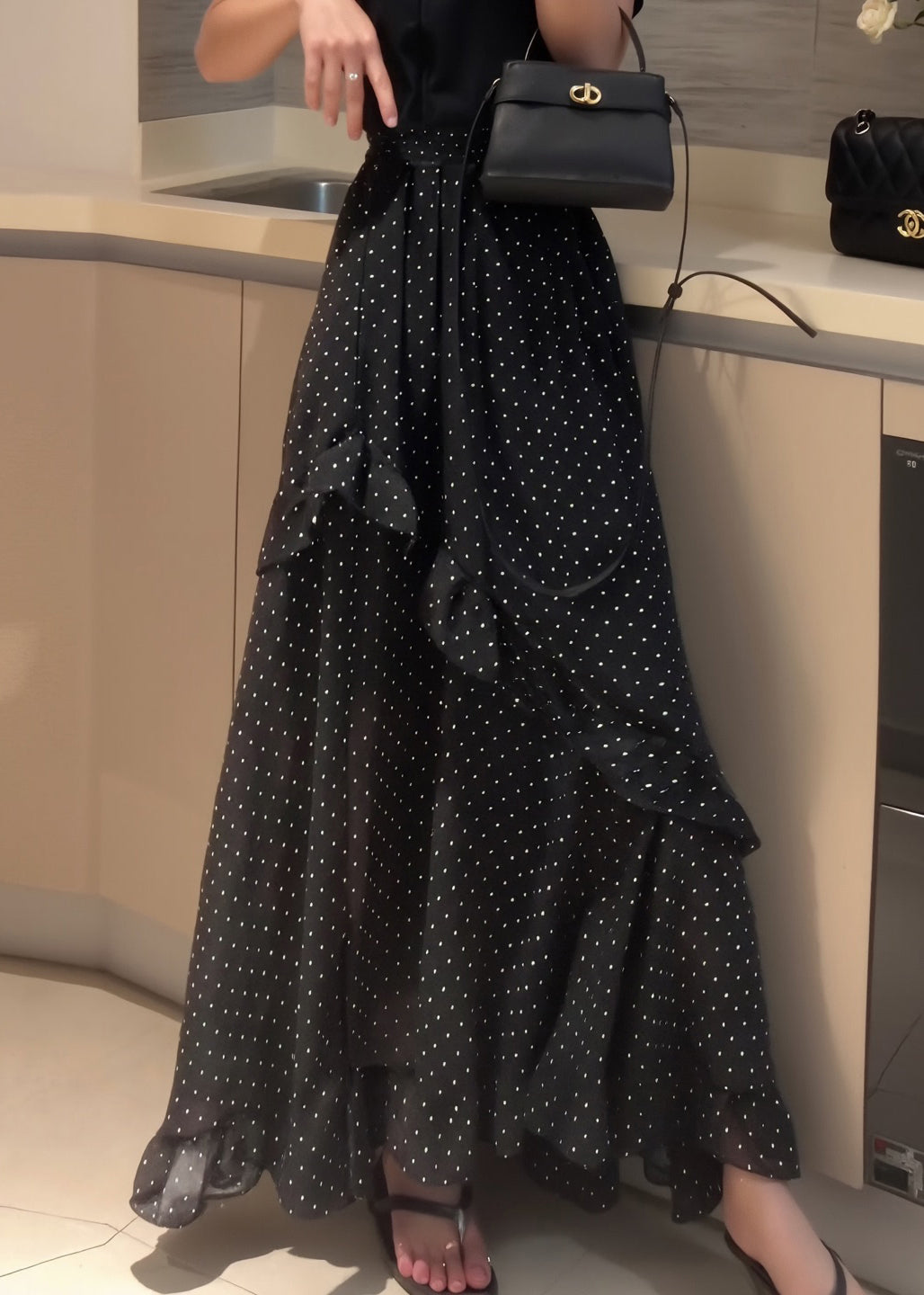 Patchwork Dot Summer Fine Chiffon Skirt Ruffled Open Side Black