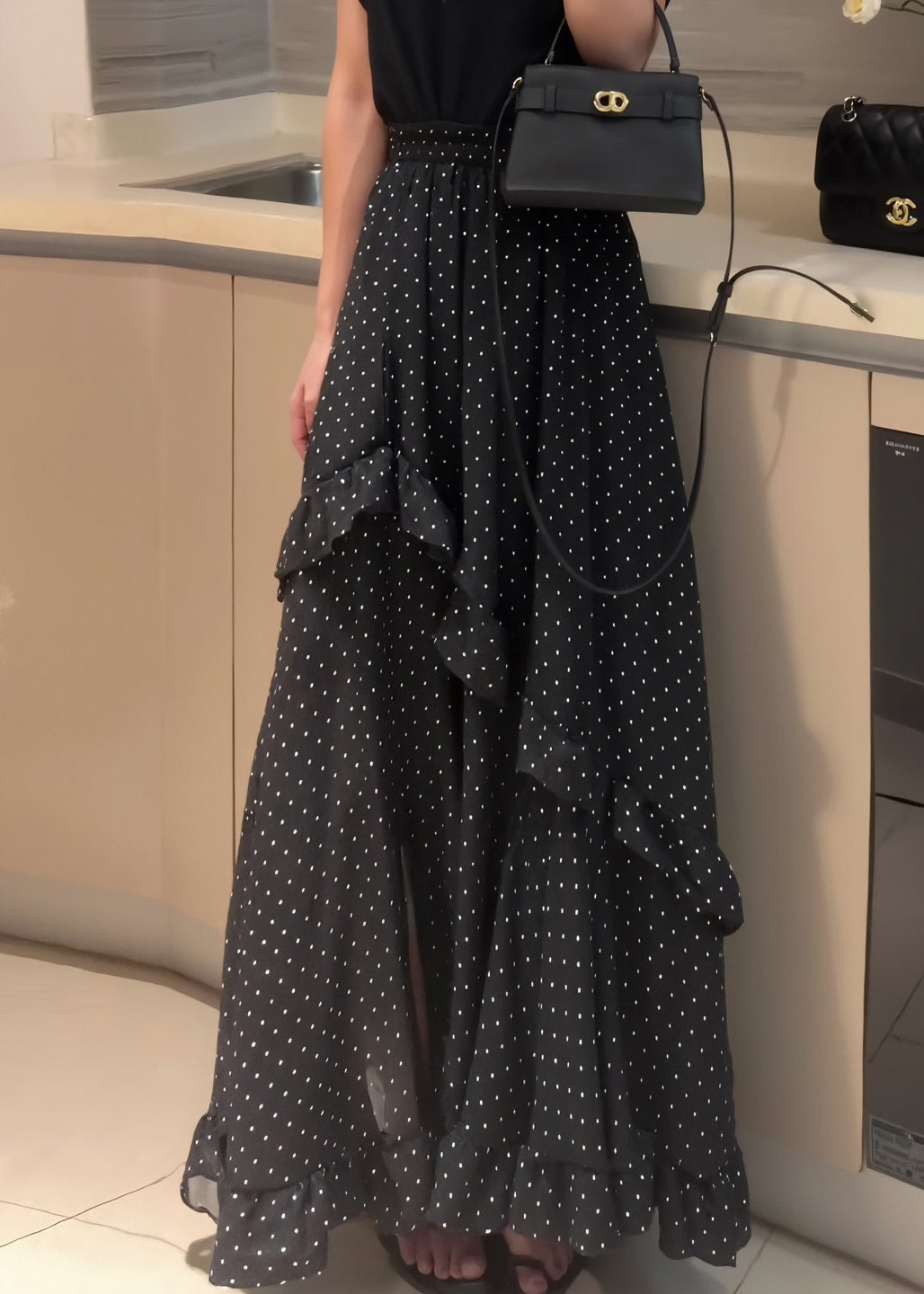 Patchwork Dot Summer Fine Chiffon Skirt Ruffled Open Side Black