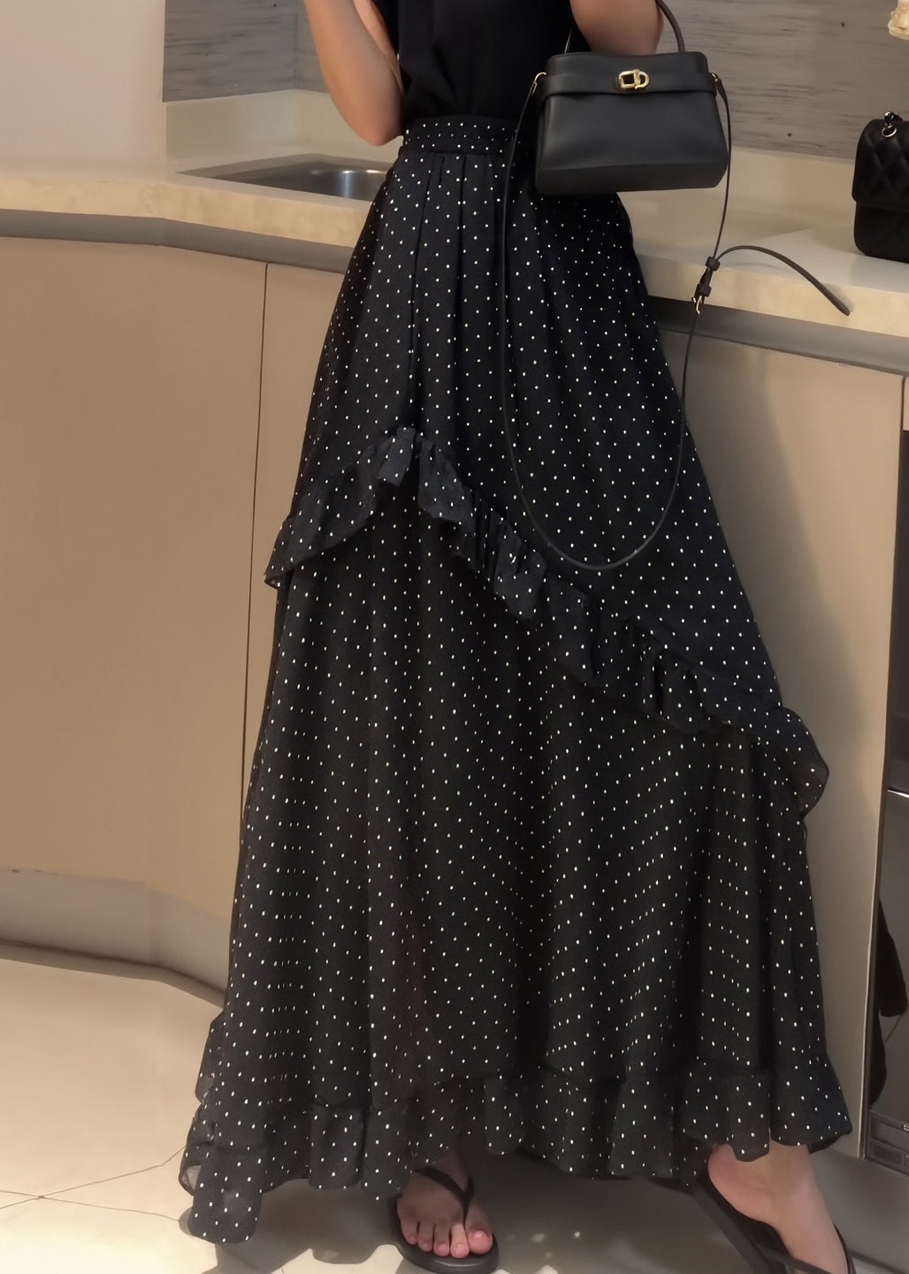 Patchwork Dot Summer Fine Chiffon Skirt Ruffled Open Side Black