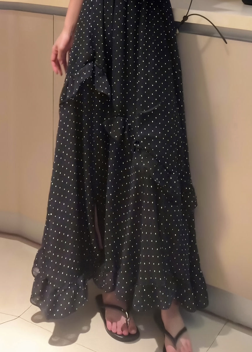 Patchwork Dot Summer Fine Chiffon Skirt Ruffled Open Side Black