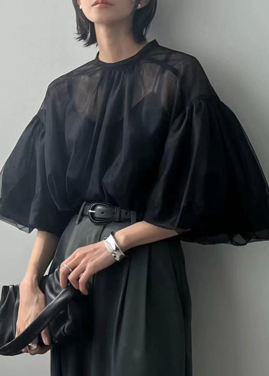 Sleeve Fine Sheer Black Puff Summer Tulle Tops