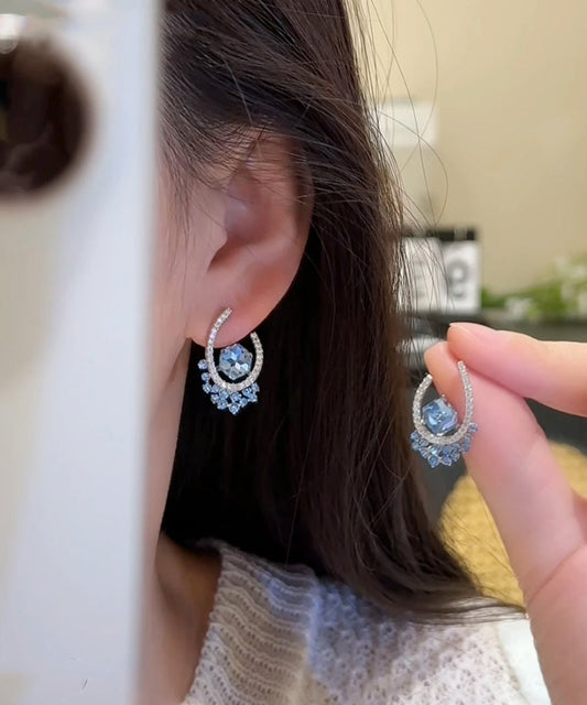 Blue Crystal Earrings Copper Zircon Stud Fine