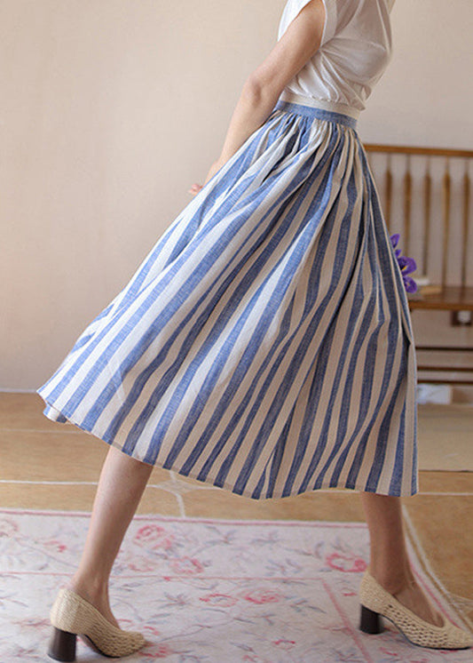 Skirt Wrinkled Striped High Summer Waist Fine Cotton Blue