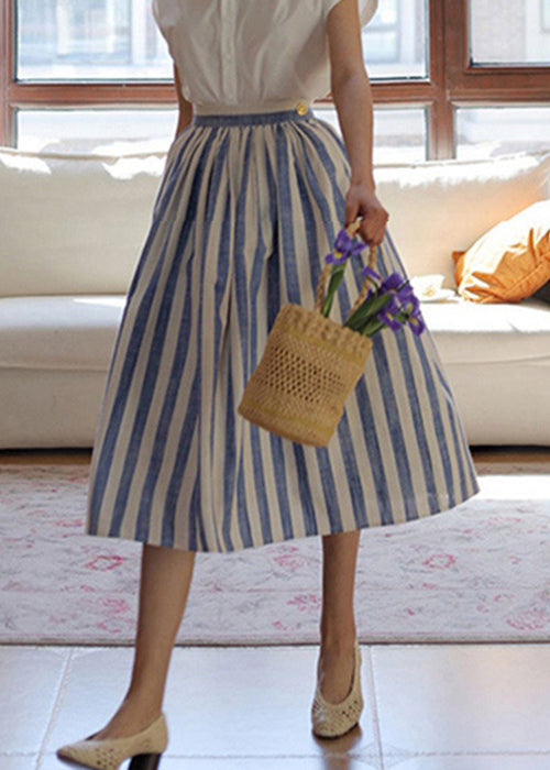 Skirt Wrinkled Striped High Summer Waist Fine Cotton Blue