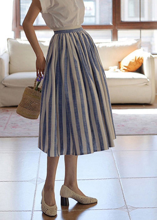 Skirt Wrinkled Striped High Summer Waist Fine Cotton Blue