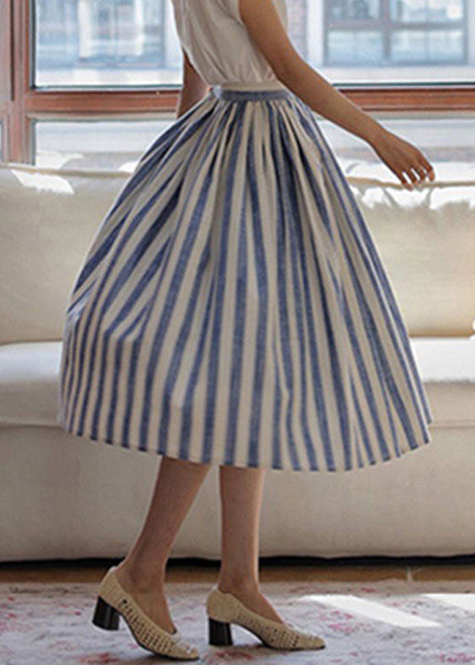 Skirt Wrinkled Striped High Summer Waist Fine Cotton Blue