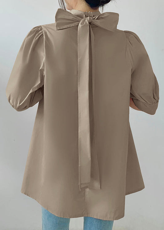 Stand Chiffon Collar Coffee Sleeve Shirts Fine Half Bow