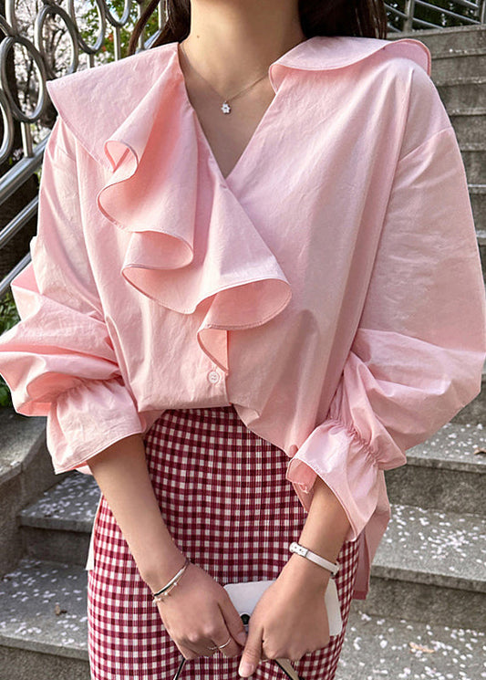 Shirt Cotton Ruffles Asymmetrical Pink Fall Fine Tops