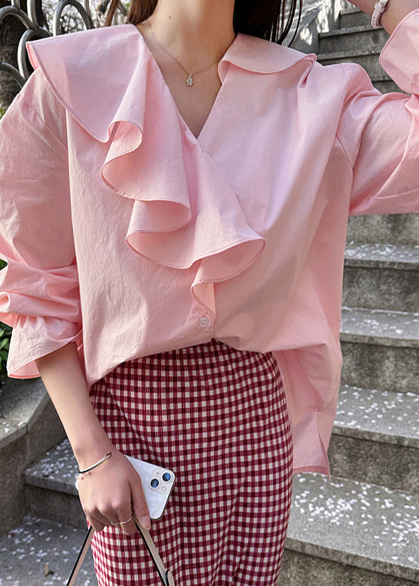 Shirt Cotton Ruffles Asymmetrical Pink Fall Fine Tops
