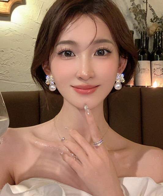 Snowflake Drop Fine Pearl White Zircon Alloy Earrings
