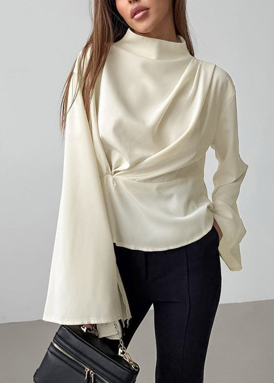 Neck High Sleeves Irregular Shirt Semi Beige Long French Chiffon