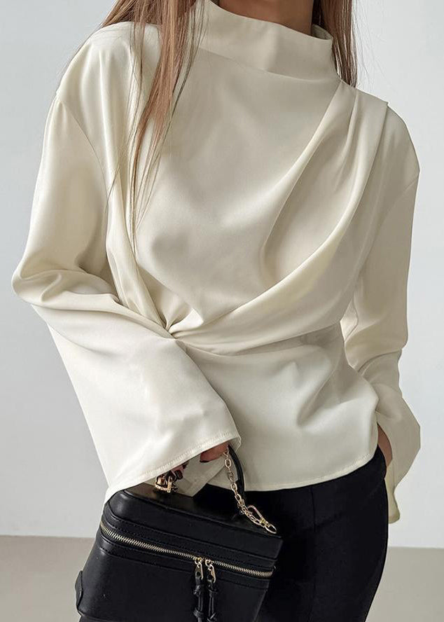 Neck High Sleeves Irregular Shirt Semi Beige Long French Chiffon