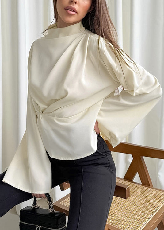 Neck High Sleeves Irregular Shirt Semi Beige Long French Chiffon