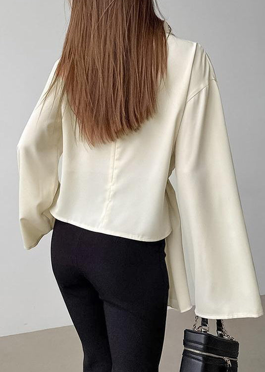 Neck High Sleeves Irregular Shirt Semi Beige Long French Chiffon