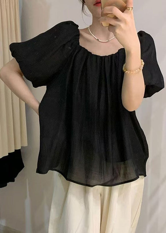 Wrinkled Sleeve Tops Black Chiffon Puff French