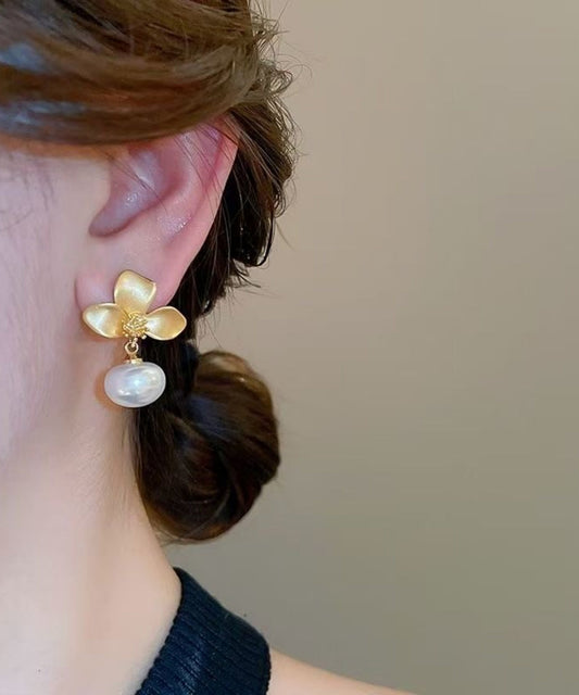 Overgild Pearl Floral Gold Earrings Drop French Copper