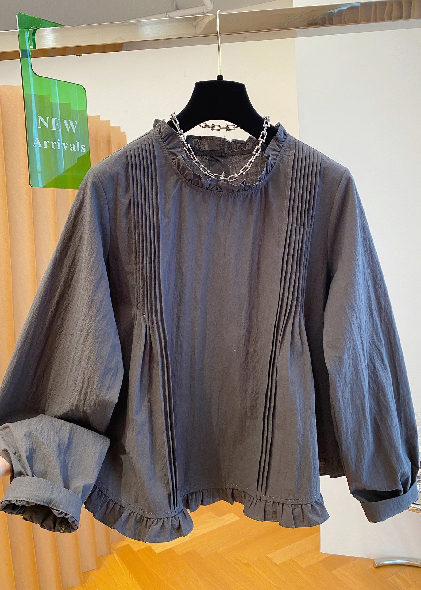 Ruffled Shirt French Fall Patchwork Grey Cotton