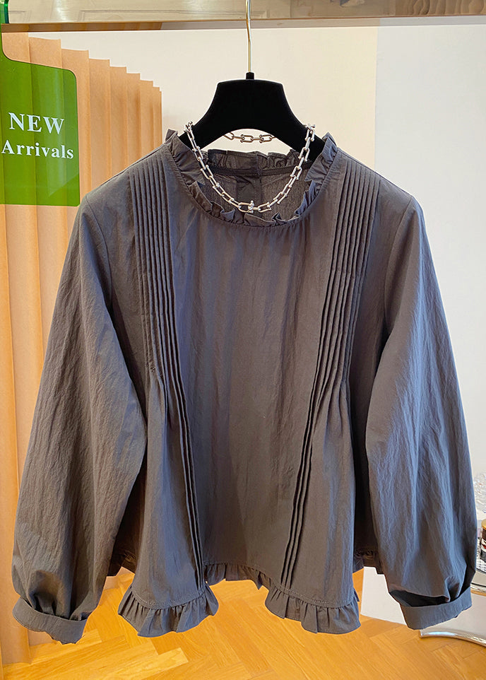 Ruffled Shirt French Fall Patchwork Grey Cotton