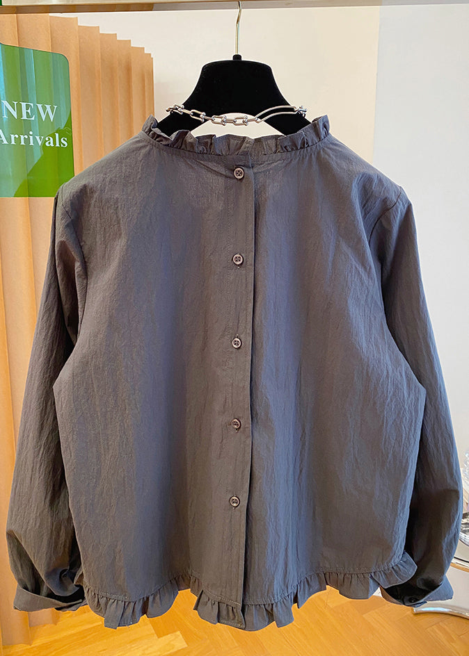 Ruffled Shirt French Fall Patchwork Grey Cotton