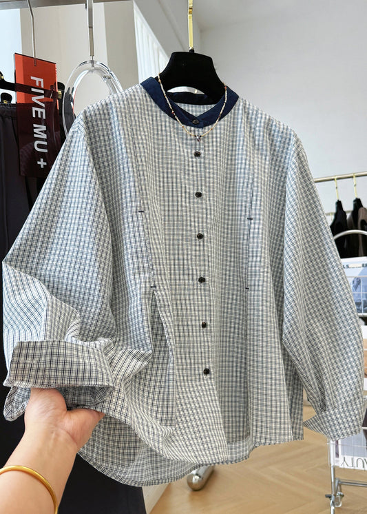 Fall O Neck Button Shirts Top Plaid French Cotton
