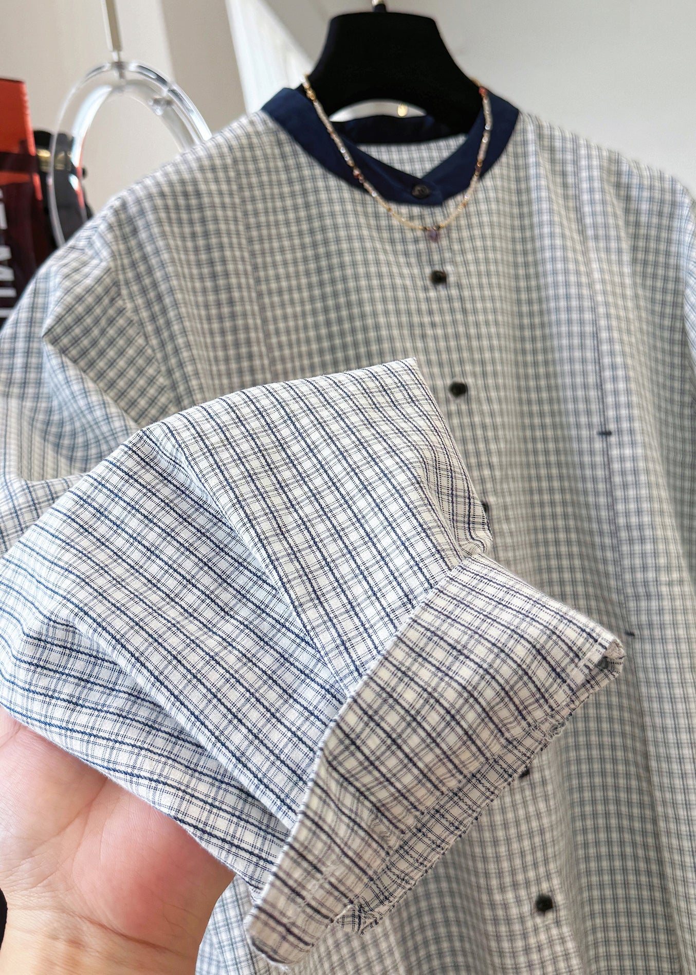 Fall O Neck Button Shirts Top Plaid French Cotton