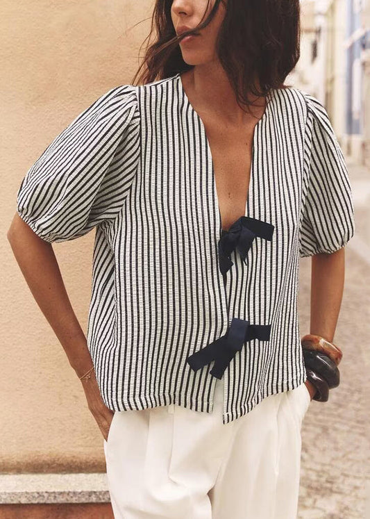 Cotton Summer Bow French V Striped Neck Shirt