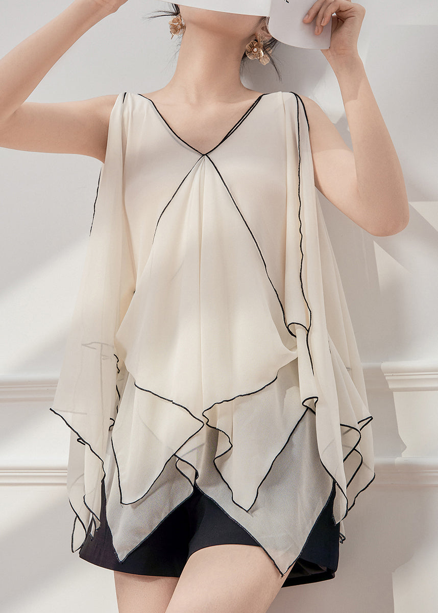 Chiffon French White Patchwork Asymmetrical Sleeveless Tops
