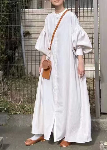French Sleeve Lantern White Shirt Dresses Oversized Cotton