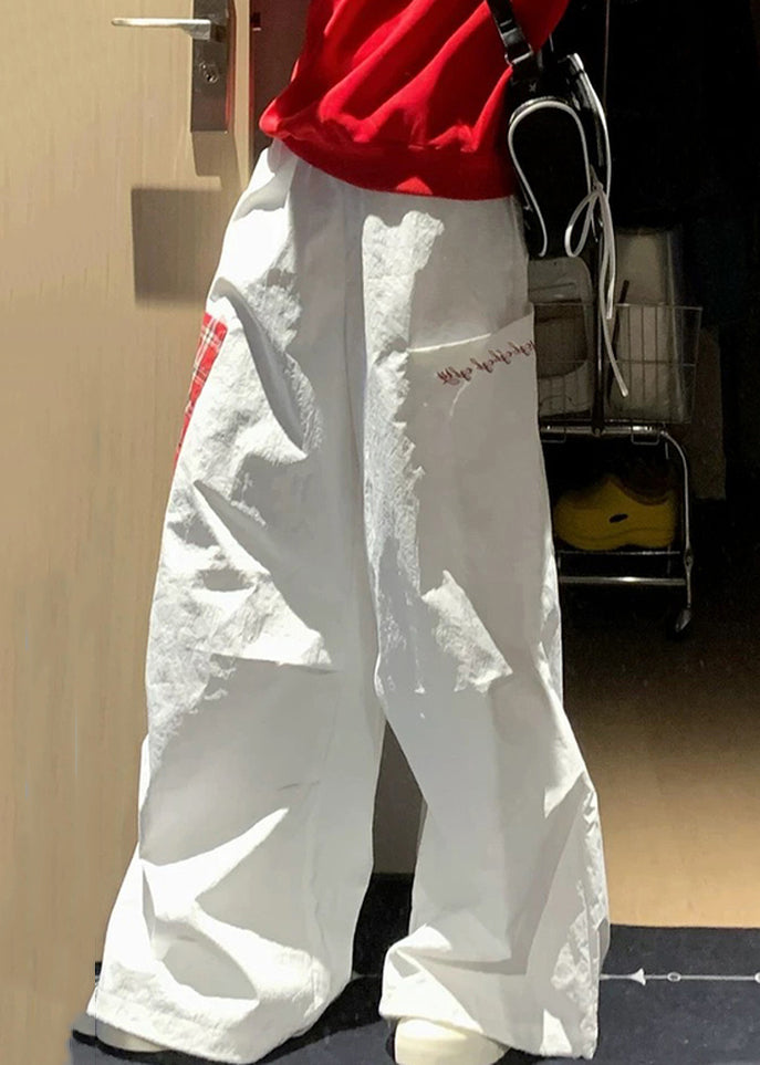 Pockets Plaid Patchwork Fall Cotton French White Pants