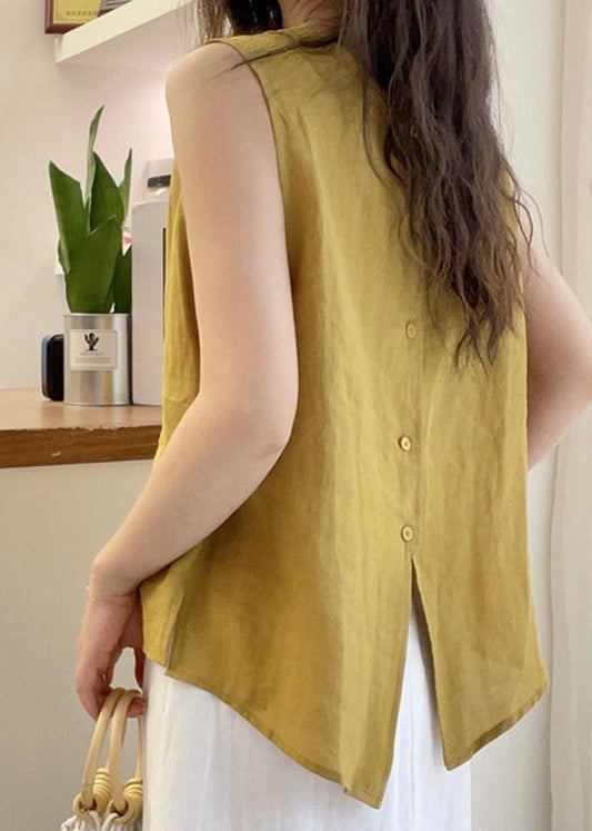 O Blouse Yellow French Tops Neck Button Cotton Sleeveless