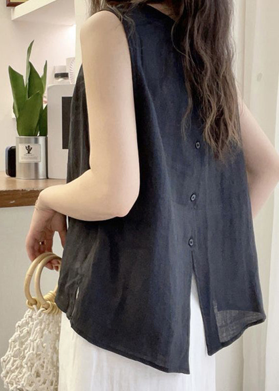 O Blouse Yellow French Tops Neck Button Cotton Sleeveless