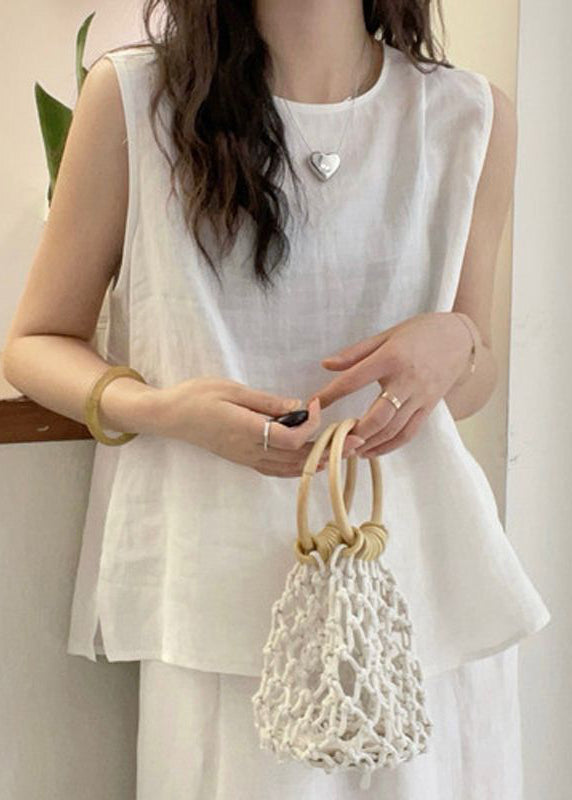 O Blouse Yellow French Tops Neck Button Cotton Sleeveless