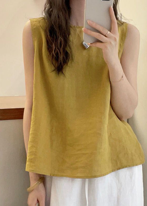O Blouse Yellow French Tops Neck Button Cotton Sleeveless