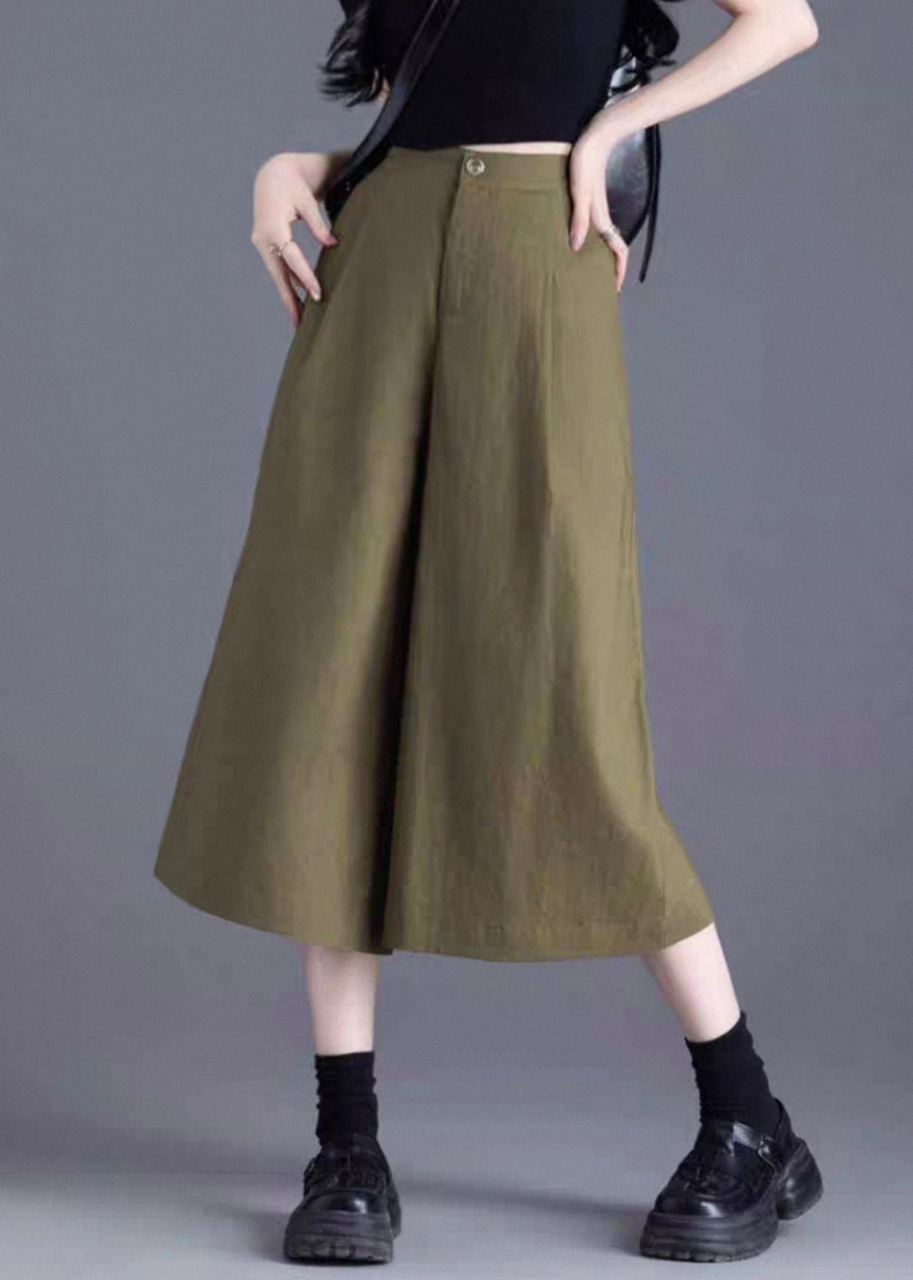 Solid Leg High Green Wide Button Pants Linen Waist