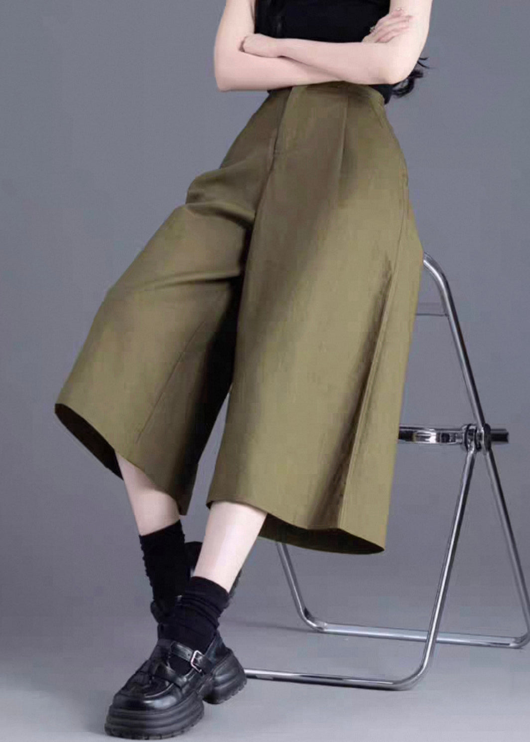 Solid Leg High Green Wide Button Pants Linen Waist