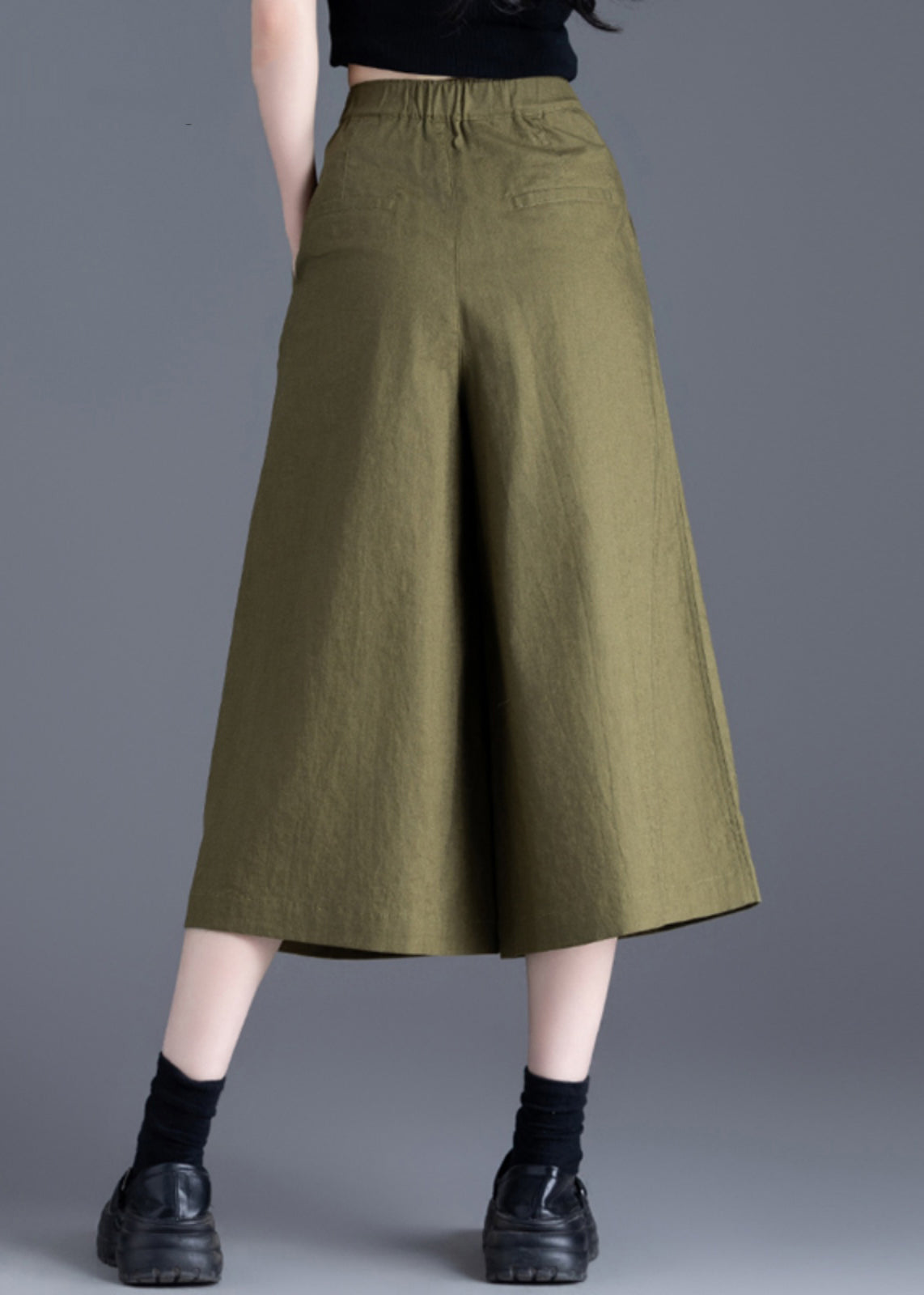 Solid Leg High Green Wide Button Pants Linen Waist