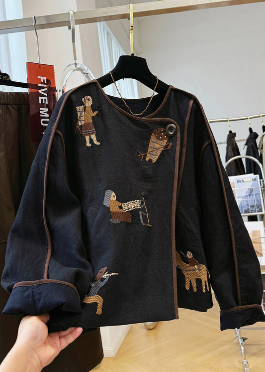 Neck Linen Fall Embroidered O Black Patchwork Handmade Coat