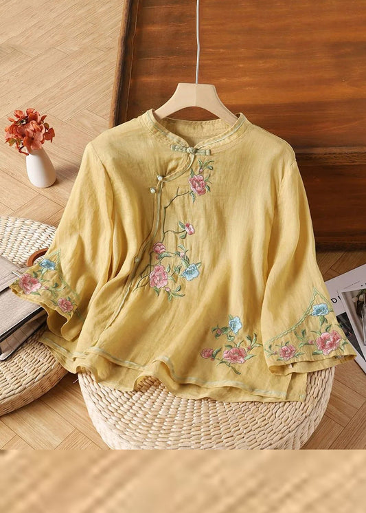 Embroidered Sleeve Linen Shirt Button Bracelet Yellow Handmade