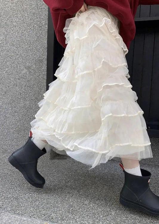 Elastic Skirts Layered Italian Waist Summer Solid Tulle Beige