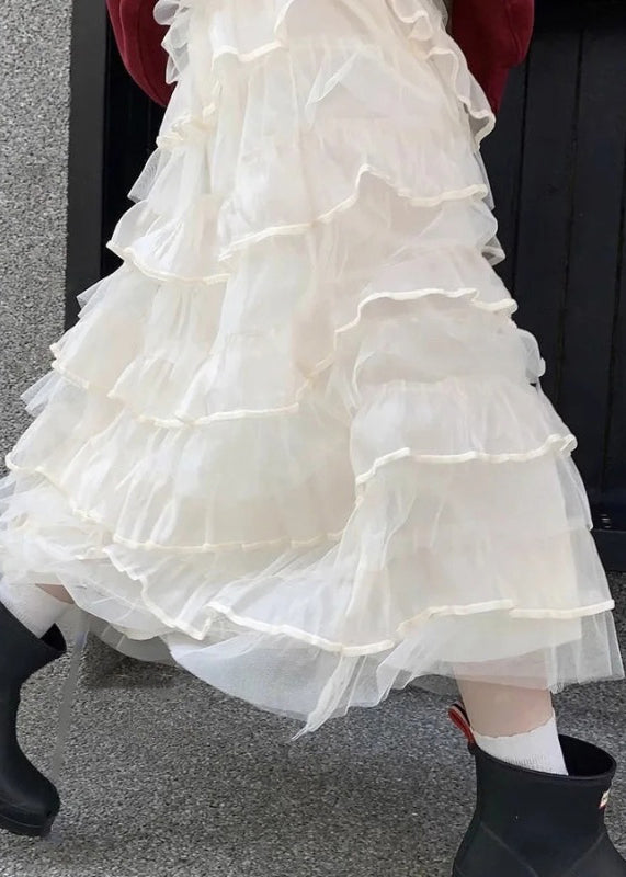 Elastic Skirts Layered Italian Waist Summer Solid Tulle Beige